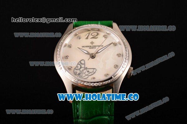 Vacheron Constantin Metiers d'Art Swiss ETA 2824 Automatic Steel Case with White MOP Dial Green Leather Strap and Diamonds Bezel - Click Image to Close